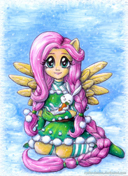 Size: 586x800 | Tagged: safe, artist:ryoko-demon, angel bunny, fluttershy, equestria girls, g4, boots, carrot, clothes, elf costume, food, gloves, ponied up, skirt, snow, snowfall, socks, spread wings, striped socks