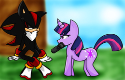 Size: 1786x1138 | Tagged: safe, artist:soul-yagami64, twilight sparkle, g4, crossover, gun, male, mouth hold, shadow the hedgehog, sonic the hedgehog, sonic the hedgehog (series), weapon
