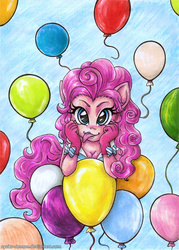 Size: 573x800 | Tagged: safe, artist:ryoko-demon, pinkie pie, earth pony, anthro, g4, balloon, clothes, dress, female, gala dress, gloves, solo, tongue out, traditional art