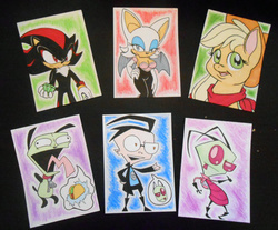 Size: 4176x3456 | Tagged: safe, artist:foxbeast, applejack, g4, breasts, card, cleavage, crossover, dib membrane, female, gir, hand on hip, invader zim, male, nickelodeon, rouge the bat, sega, shadow the hedgehog, simple background, sonic the hedgehog (series), traditional art, video game, zim