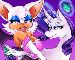 Size: 1080x864 | Tagged: safe, artist:ooxkatiekatxoo, rarity, bat, anthro, g4, chaos emerald, crossover, gem, rouge the bat, simple background, sonic the hedgehog (series), video game