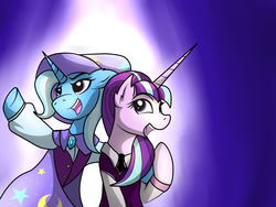 Size: 4000x3000 | Tagged: safe, artist:dazed-and-wandering, starlight glimmer, trixie, pony, unicorn, g4, no second prances, clothes, duo, female, high res, mare, singing