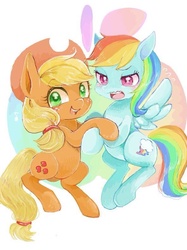 Size: 591x791 | Tagged: safe, artist:sibashen, applejack, rainbow dash, g4, colored pupils, female, lesbian, ship:appledash, shipping, tsunderainbow, tsundere