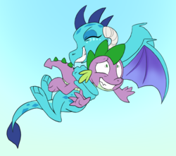 Size: 800x708 | Tagged: safe, artist:aperturestyles, princess ember, spike, dragon, g4, gauntlet of fire, flying, hug, spikelove