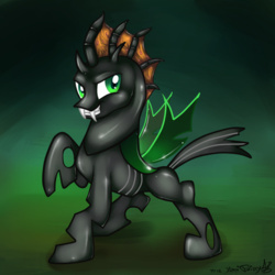 Size: 920x920 | Tagged: safe, artist:yaoifairy, oc, oc only, oc:vesairus, changeling, changeling oc, green changeling, green eyes, male, raised hoof, smiling, solo