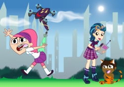 Size: 1536x1080 | Tagged: safe, artist:lifes-remedy, indigo zap, oc, oc:kam-kam, human, robot, equestria girls, g4, my little pony equestria girls: friendship games, april fools, april fools 2016, april fools joke, bully, bullying, clothes, comedy, crossover, drone, female, funny, green underwear, grojband, hanging wedgie, machine, panties, skirt, trina riffin, uav, underwear, wedgie