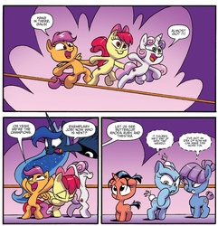 Size: 1323x1375 | Tagged: safe, artist:jay fosgitt, idw, apple bloom, buttercup (g4), princess luna, rhoda ruby, scootaloo, sweetie belle, thestra, friends forever #28, g4, my little pony: friends forever, spoiler:comic, cutie mark, cutie mark crusaders, female, filly, foal, mare, the cmc's cutie marks