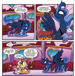Size: 1354x1382 | Tagged: safe, artist:jay fosgitt, idw, official comic, apple bloom, princess luna, scootaloo, sweetie belle, alicorn, earth pony, pegasus, pony, unicorn, friends forever #28, g4, my little pony: friends forever, spoiler:comic, comic, cutie mark crusaders