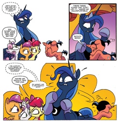 Size: 1342x1377 | Tagged: safe, artist:jay fosgitt, idw, official comic, apple bloom, princess luna, scootaloo, sweetie belle, thestra, alicorn, earth pony, pegasus, pony, unicorn, friends forever #28, g4, my little pony: friends forever, spoiler:comic, comic, crying, cutie mark crusaders, female, filly, foal, mare, simple background, white background