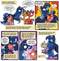 Size: 1331x1382 | Tagged: safe, artist:jay fosgitt, idw, princess luna, thestra, pony, friends forever #28, g4, my little pony: friends forever, spoiler:comic, father and child, father and daughter, female, filly, foal, hug, male, mare, mother and child, mother and daughter, stallion, unnamed character, unnamed pony