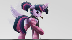 Size: 2000x1125 | Tagged: safe, artist:ncmares, twilight sparkle, alicorn, pony, alternate hairstyle, butt, clothes, dock, donut, featureless crotch, female, food, habit, looking back, magic, mare, mouth hold, plot, ponytail, rear view, signature, socks, solo, striped socks, telekinesis, twibutt, twilight sparkle (alicorn)