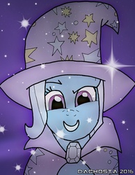 Size: 1685x2171 | Tagged: safe, artist:dachosta, trixie, pony, unicorn, g4, bust, female, looking at you, magic, mare, portrait, smiling, solo, sparkles, stars, trixie's cape, trixie's hat
