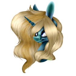 Size: 1000x1000 | Tagged: safe, artist:immagoddampony, oc, oc only, pony, unicorn, 9v9, aside glance, big hair, bust, impossibly large ears, lineless, portrait, smiling, solo