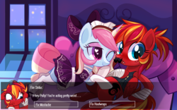 Size: 5000x3117 | Tagged: safe, artist:wicklesmack, oc, oc only, oc:fire strike, oc:neigh-apolitan, bow, clothes, dialogue, hair bow, high res, maid, moustache, night, stars, wink