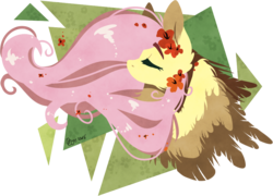 Size: 942x680 | Tagged: safe, artist:tay-niko-yanuciq, fluttershy, g4, bust, eyes closed, female, flower, flower in hair, portrait, simple background, solo, transparent background