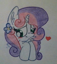 Size: 1008x1129 | Tagged: safe, artist:mistytails10, sweetie belle, g4, bust, cute, diasweetes, female, flower, flower in hair, heart, portrait, solo, traditional art