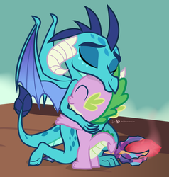 Size: 900x945 | Tagged: safe, artist:dm29, princess ember, spike, dragon, g4, bloodstone scepter, dragon lord ember, duo, hug