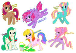 Size: 2031x1422 | Tagged: safe, artist:jevsy, cherry spices, dewdrop dazzle, gusty, starsong, toola-roola, earth pony, pegasus, pony, unicorn, g1, g3, g3.5, g4, female, g1 to g4, g3 to g4, g3.5 to g4, generation leap, paint bucket, purple prose, simple background, transparent background