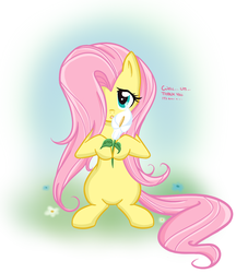 Size: 965x1119 | Tagged: safe, artist:bamboodog, fluttershy, pegasus, pony, g4, bipedal, dialogue, female, flower, hair over one eye, hoof hold, looking at you, mare, open mouth, partial background, shy, solo, zantedeschia