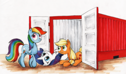 Size: 2000x1177 | Tagged: safe, artist:ecmonkey, applejack, rainbow dash, rarity, g4, container, crate, implied rarijack, implied shipping, literal shipping, missing accessory, pun, scrunchy face, visual pun