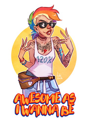 Size: 800x1132 | Tagged: safe, artist:fukari, rainbow dash, human, g4, awesome as i want to be, clothes, ear piercing, earring, fanny pack, humanized, jewelry, piercing, solo, sunglasses, tank top, tattoo, tumblr nose