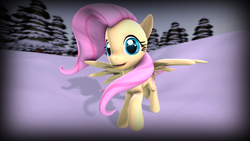 Size: 3840x2160 | Tagged: safe, artist:imafutureguitarhero, fluttershy, pegasus, pony, g4, 3d, 4k, 4k resolution, female, high res, looking at you, mare, open mouth, outdoors, smiling, snow, solo, source filmmaker, windswept mane, windswept tail, wings