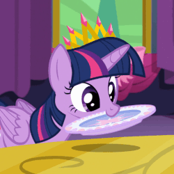 Size: 486x486 | Tagged: safe, edit, edited screencap, screencap, twilight sparkle, alicorn, pony, g4, no second prances, animated, chewing, crown, cute, eating, female, majestic as fuck, mare, mouth hold, munching, new crown, nom, plate, proper silverware placement, silly, silly pony, smiling, solo, table, twiabetes, twilight sparkle (alicorn), vibrating, wat
