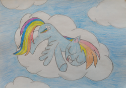 Size: 4170x2942 | Tagged: safe, artist:lordpuhadk, rainbow dash, pegasus, pony, g4, cloud, eyes closed, female, high res, mare, open mouth, sketch, sleeping, snoring, solo, traditional art