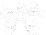 Size: 2200x1700 | Tagged: safe, berry punch, berryshine, blossomforth, minuette, trixie, twilight sparkle, pony, unicorn, g4, backbend, female, flexible, floppy ears, freckles, mare, monochrome, smiling, smug, traditional art, wip, yoga