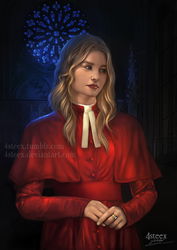 Size: 636x900 | Tagged: safe, artist:4steex, oc, oc only, oc:benevelle, human, au:eqcl, barely pony related, bishop, bust, cape, cassock, church, clothes, humanized, portrait, realistic, ring, robe, shoulder cape, solo, stained glass