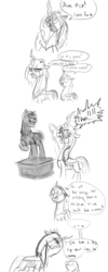 Size: 800x2000 | Tagged: safe, artist:xxmarkingxx, queen chrysalis, changeling, g4, comic, monochrome, nochangelingshere, statue, united parcel service, ups