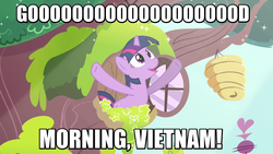 Size: 1280x720 | Tagged: safe, edit, edited screencap, screencap, twilight sparkle, pony, unicorn, g4, magical mystery cure, my little pony: friendship is magic, season 3, female, good morning vietnam, image macro, mare, meme, morning in ponyville, solo, unicorn twilight