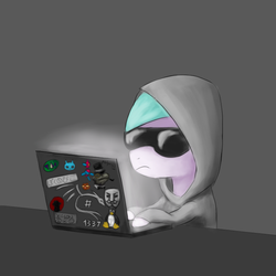 Size: 800x800 | Tagged: safe, artist:unsavorydom, aura (g4), g4, computer, female, filly, hacker, hacking, japanese, laptop computer, solo