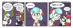 Size: 1200x472 | Tagged: safe, artist:digitaldasherbot, coco pommel, moondancer, comic:threads of friendship, g4, comic, eye twitch, gritted teeth, we don't normally wear clothes, wide eyes