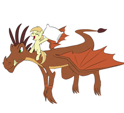 Size: 1200x1100 | Tagged: safe, artist:unsavorydom, barry, noi, dragon, earth pony, pony, g4, gauntlet of fire, background dragon, duo, female, filly, flying, pillow, ponies riding dragons, riding, simple background, teenaged dragon, white background