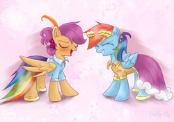 Size: 2900x2040 | Tagged: safe, artist:redheadfly, rainbow dash, scootaloo, pegasus, pony, tumblr:ask-adultscootaloo, g4, blushing, clothes, dress, duo, duo female, eyes closed, female, folded wings, gala dress, grin, high res, laurel wreath, lesbian, mare, matching outfits, older, open mouth, open smile, ship:scootadash, shipping, smiling, wings
