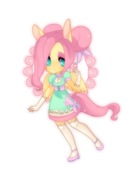 Size: 1000x1300 | Tagged: safe, artist:kronilix, fluttershy, human, g4, chibi, clothes, cute, dress, eared humanization, evening gloves, female, gloves, humanized, looking at you, pony coloring, shyabetes, smiling, solo, tailed humanization, winged humanization