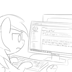 Size: 800x800 | Tagged: safe, artist:unsavorydom, rainbow dash, g4, computer, crossover, female, frown, jet fuel can't melt steel beams, lineart, monochrome, solo, sonic the hedgehog (series), vandalism, wikipedia