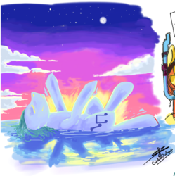 Size: 730x732 | Tagged: safe, artist:catanddogsoup, blues, noteworthy, g4, backwards cutie mark, color porn, drawpile disasters, sunset, swimming, wet mane