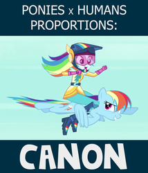 Size: 1026x1196 | Tagged: safe, rainbow dash, human, pegasus, pony, equestria girls, friendship games bloopers, g4, my little pony equestria girls: friendship games, canon, double rainbow, duo, female, flying, human ponidox, mare, proportion study, riding, self ponidox, self riding, size comparison