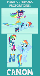 Size: 630x1206 | Tagged: safe, rainbow dash, equestria girls, friendship games bloopers, g4, my little pony equestria girls: friendship games, canon, comparison, proportion study, self ponidox, size comparison