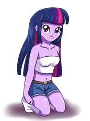 Size: 1024x1368 | Tagged: dead source, safe, artist:sumin6301, twilight sparkle, human, equestria girls, g4, belly button, belt, blushing, breasts, clothes, cute, denim shorts, female, kneeling, long hair, midriff, missing shoes, multicolored hair, on ground, purple eyes, purple skin, sexy, shiny skin, shorts, simple background, socks, solo, tomboy, tube top, twilight sparkle (alicorn)