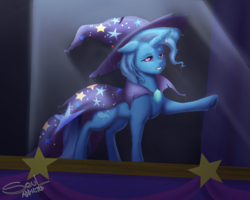 Size: 2500x2000 | Tagged: safe, artist:souladdicted, trixie, pony, unicorn, g4, no second prances, cape, clothes, female, hat, high res, mare, raised hoof, scene interpretation, signature, solo, spotlight, stage, the paint and growerful triskie, withered, wizard hat