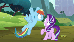 Size: 960x540 | Tagged: safe, artist:fureox, edit, screencap, rainbow dash, starlight glimmer, trixie, pony, unicorn, g4, no second prances, animated, caption, discovery family logo, female, head scratch, lesbian, mare, scratching, ship:startrix, shipper on deck, shipping, shockwave, sonic boom, text