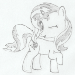 Size: 624x624 | Tagged: safe, artist:renardprower, sunset shimmer, pony, unicorn, g4, female, looking at you, monochrome, pencil drawing, raised hoof, rough draft, simple background, smiling, solo, traditional art, white background, wink