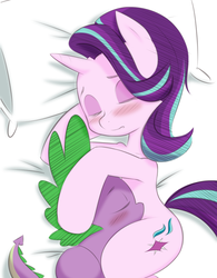 Size: 921x1181 | Tagged: safe, artist:figgot, edit, spike, starlight glimmer, dragon, pony, unicorn, g4, bed, colored, crossed legs, cuddling, cute, duo, eyes closed, female, interspecies, love, male, pillow, ship:sparlight, shipping, snuggling, straight