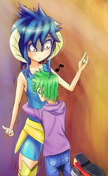 Size: 738x1200 | Tagged: safe, artist:jumboz95, princess ember, spike, human, g4, gauntlet of fire, :o, abstract background, bad touch, blushing, breasts, clothes, delicious flat chest, devil horn (gesture), duo, embarrassed, female, horn, horned humanization, hug, humanized, it's called a hug, male, molestation, music notes, no armor, open mouth, pants, scene interpretation, ship:emberspike, shipping, shoes, shrunken pupils, straight, sweat, sweating profusely, tank top, tsundember, tsundere