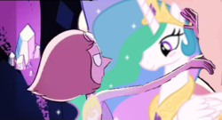 Size: 479x258 | Tagged: safe, princess celestia, alicorn, gem (race), pony, g4, crossover, crossover shipping, duo, duo female, exploitable meme, female, gem, interspecies, lesbian, mare, meme, pearl, pearl (steven universe), pearlestia, shipping, steven universe, what can i do (for you)