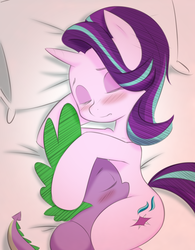 Size: 921x1181 | Tagged: safe, artist:figgot, edit, spike, starlight glimmer, dragon, pony, unicorn, g4, bed, colored, crossed legs, cuddling, cute, duo, eyes closed, female, love, male, mood lighting, pillow, ship:sparlight, shipping, sleeping, sleeping together, snuggling, straight
