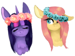 Size: 800x600 | Tagged: safe, artist:mintpencil, fluttershy, twilight sparkle, g4, eyes closed, floppy ears, floral head wreath, simple background, transparent background